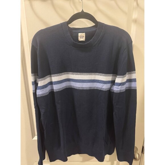 GAP Men's Large Navy Blue Striped Crewneck Sweater Long Sleeve Pullover - Picture 2 of 7